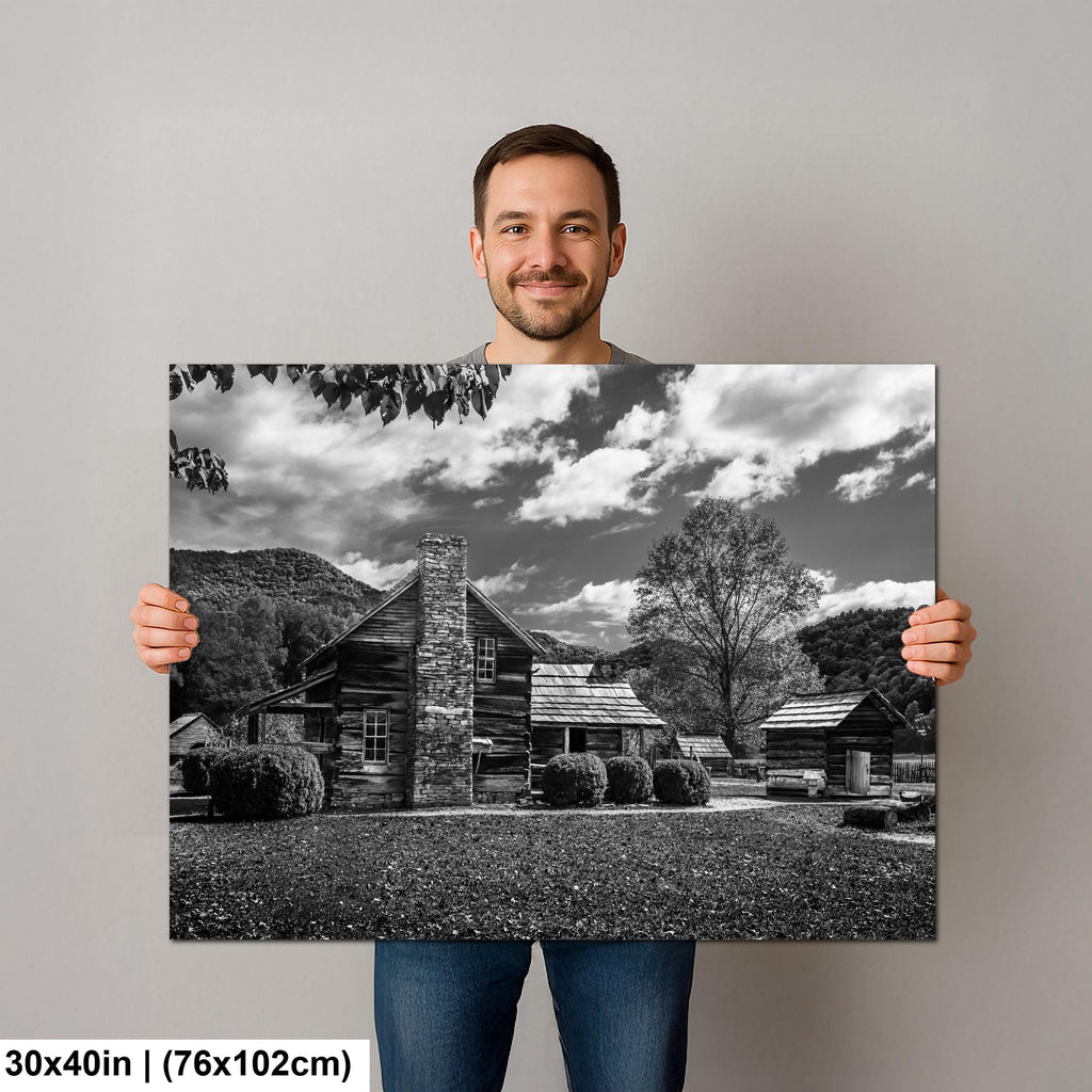 Appalachian Pioneer Homestead Black and White Photography Print, Great Smoky Mountains National Park Tennessee North Carolina