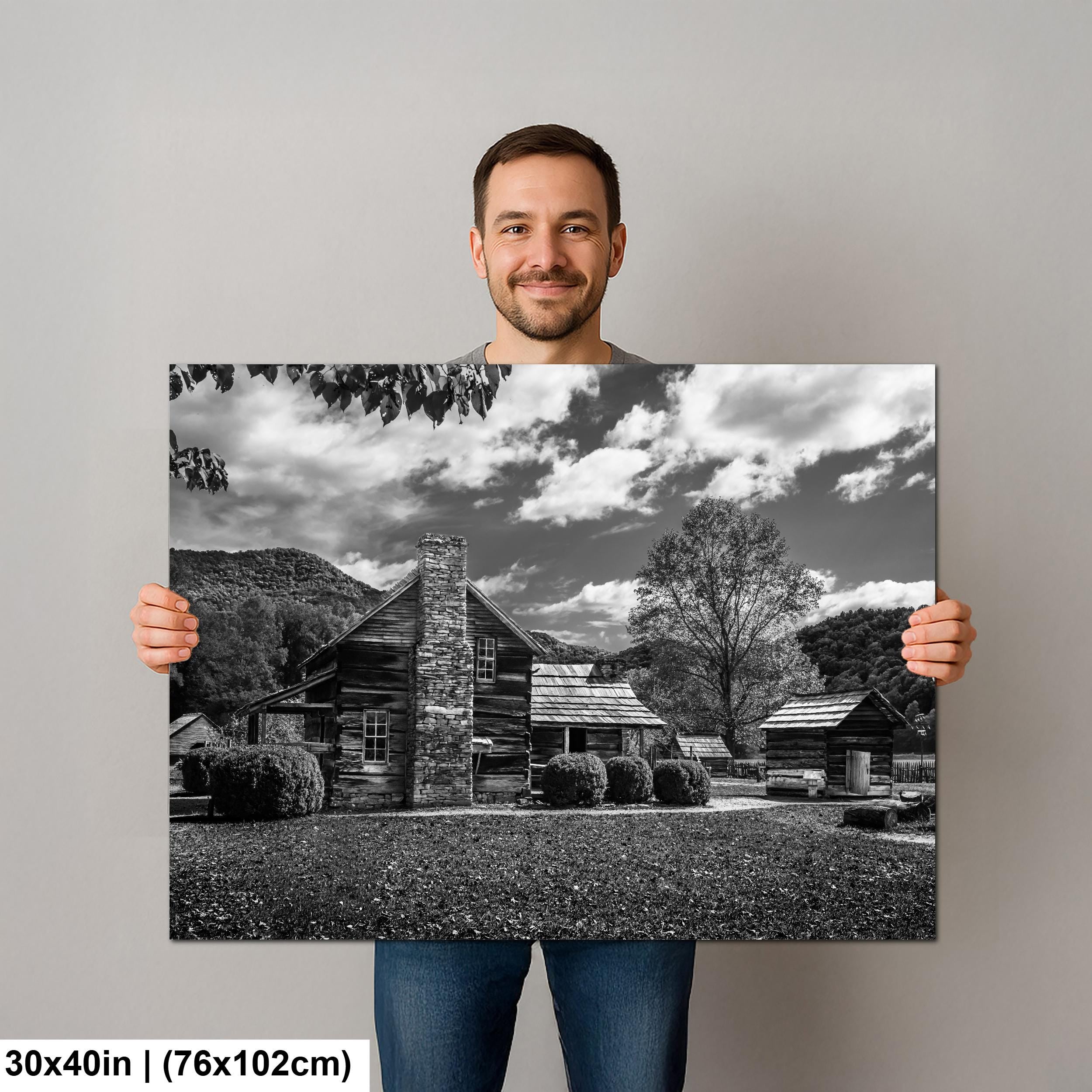 Appalachian Pioneer Homestead Black and White Photography Print, Great Smoky Mountains National Park Tennessee North Carolina