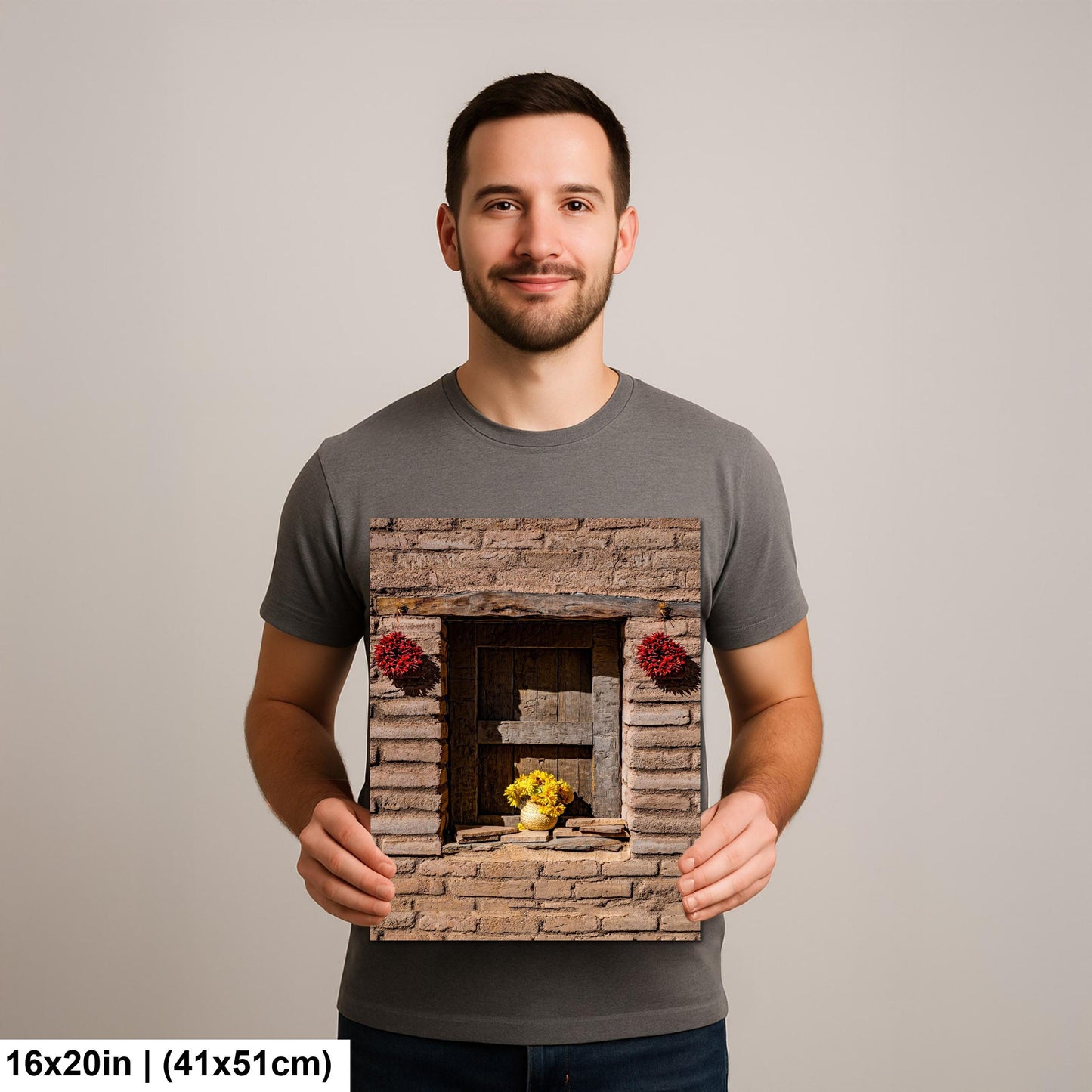 Adobe Wall with Flowers and Chili Ristras, Tucson Arizona, Photography Wall Art