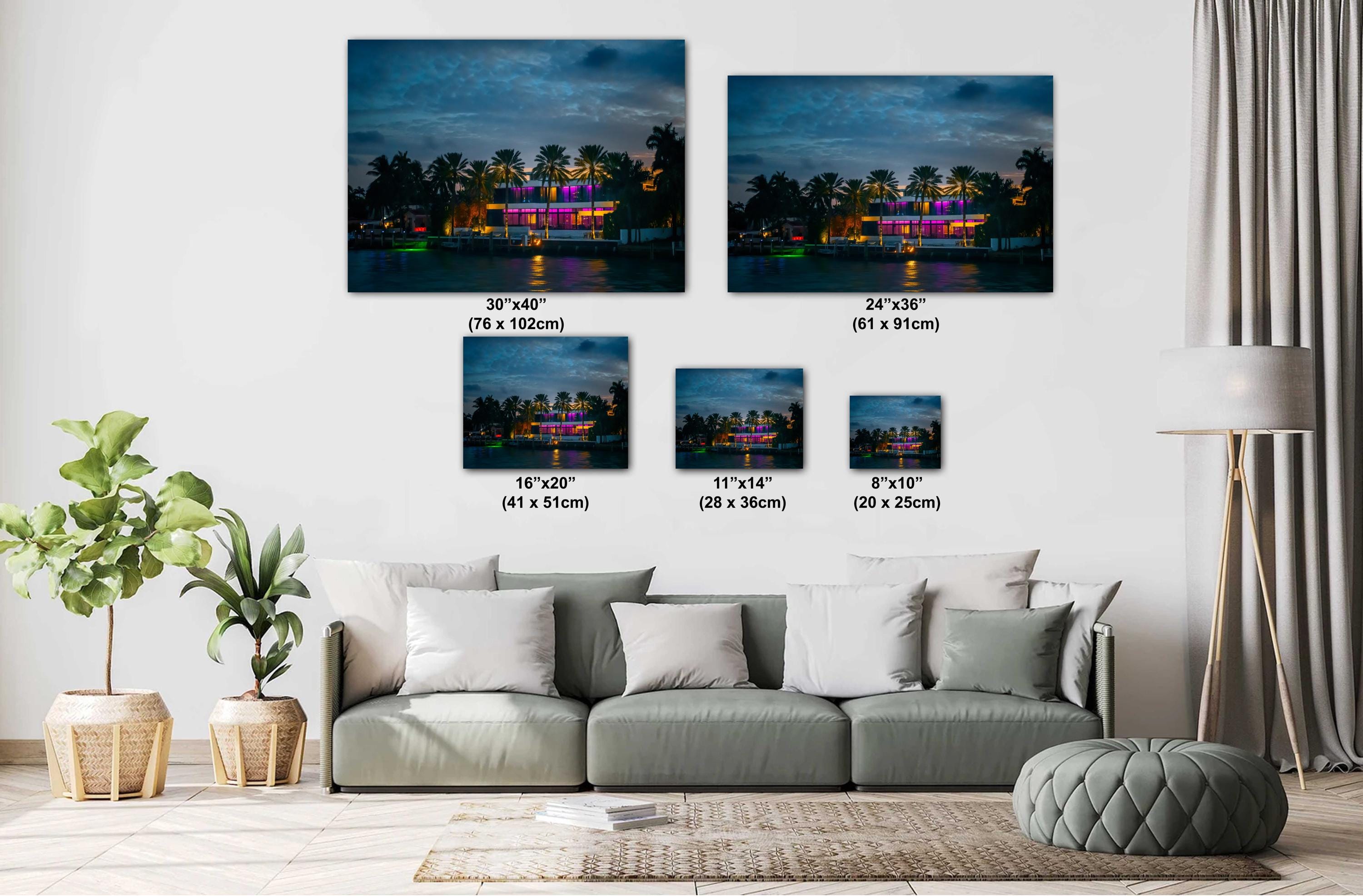 Miami Illuminated Glass House on the Bay at Night: Florida Print Wall Art Sunset Waterfront Photography  Aluminum/Acrylic/Metal/Canvas