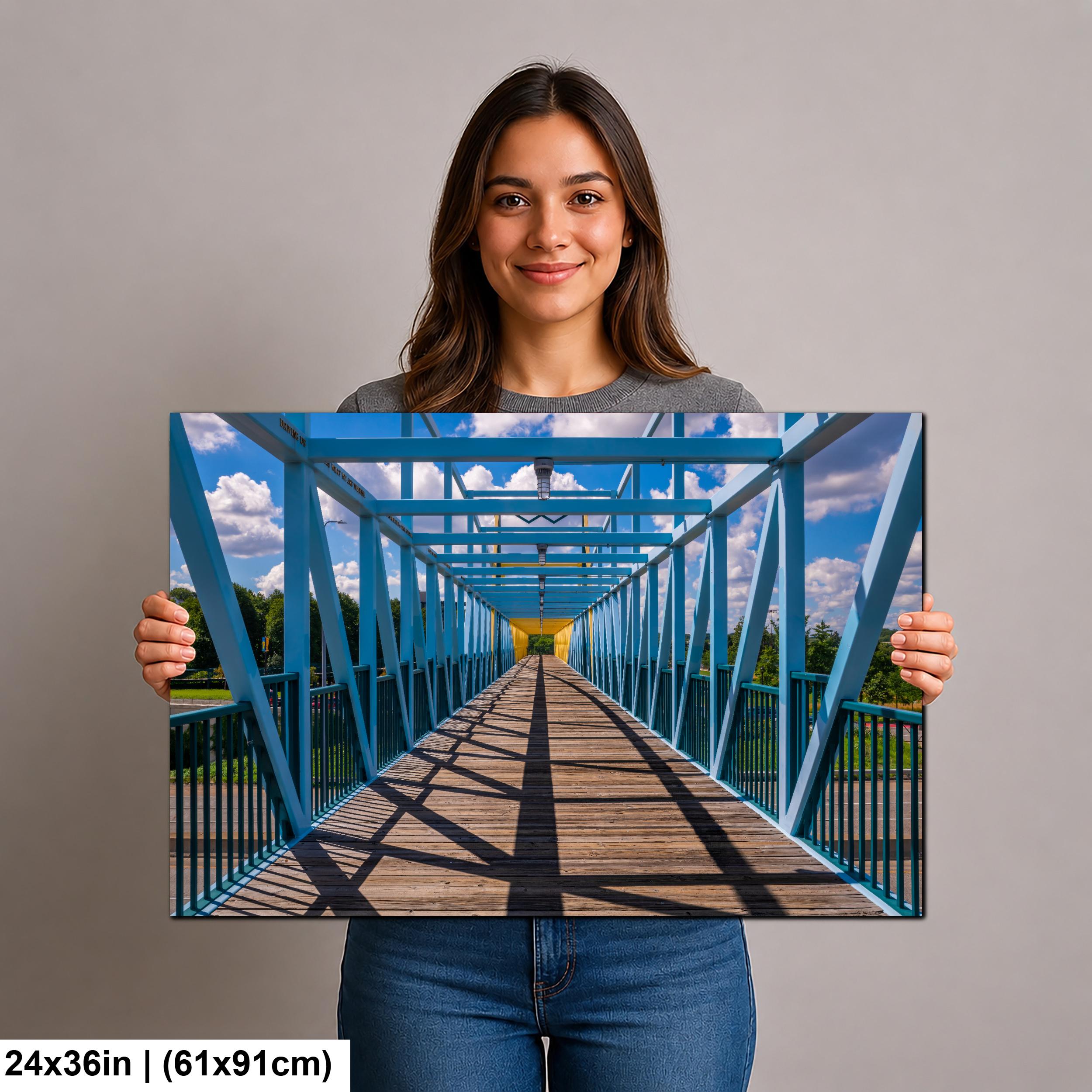 Blue Pedestrian Bridge in Minneapolis Minnesota Photography Print, Modern Urban Architecture Wall Art Decor