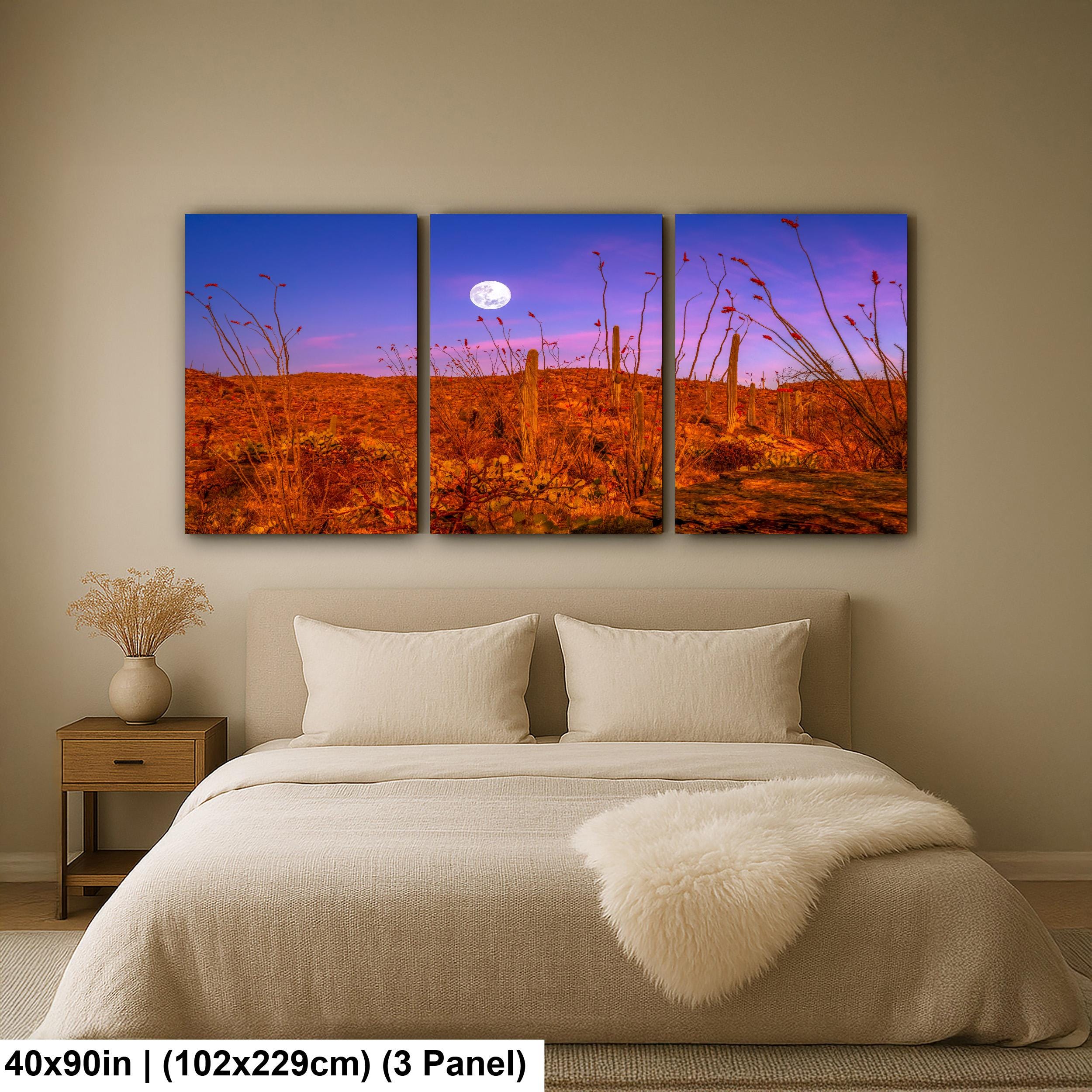 Sonoran Desert Full Moon Print – Saguaros, Ocotillo, Twilight Sky Photography Wall Art