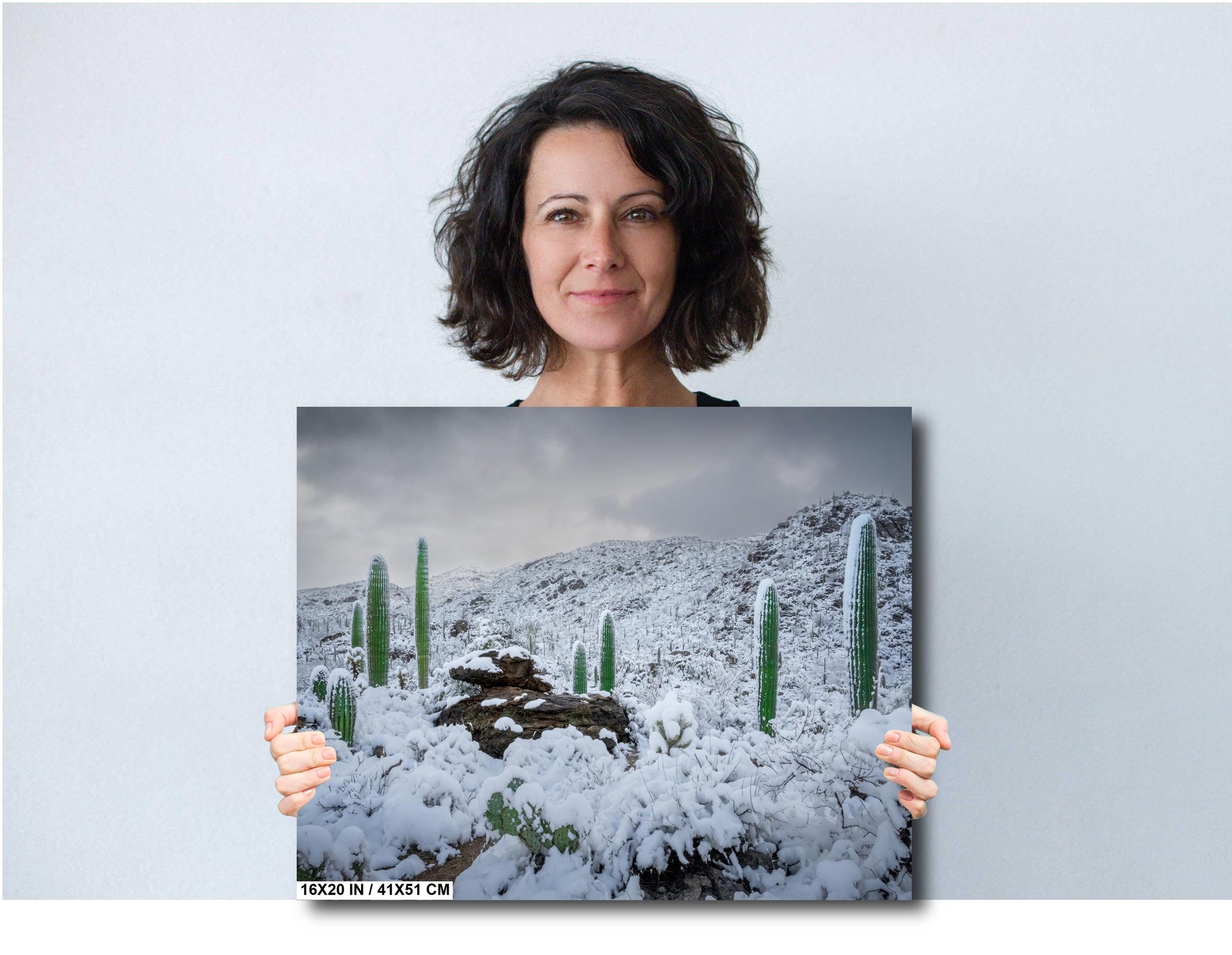 Snow-covered saguaro cacti in Arizona's desert, showcasing a rare winter scene with mountains in the background.