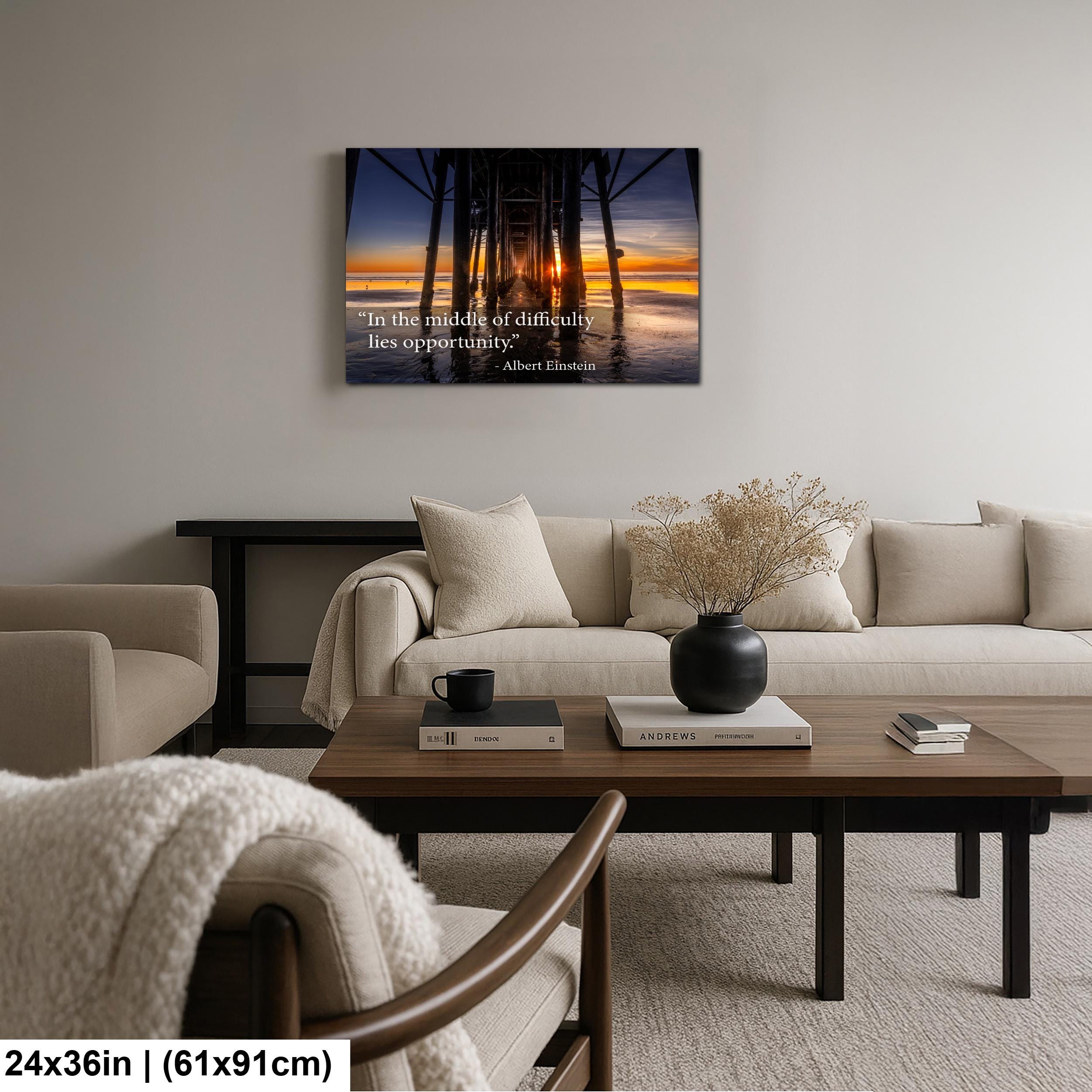 Albert Einstein Difficulty Opportunity Pier Sunset Motivational Photography Print