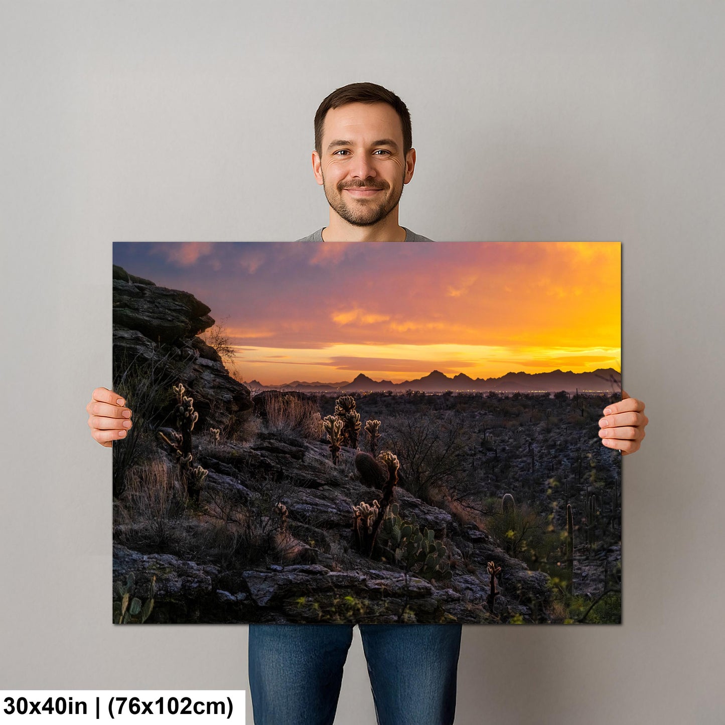 Sonoran Desert Sunset with Cholla and Saguaros - Casa Grande Arizona Photography Print