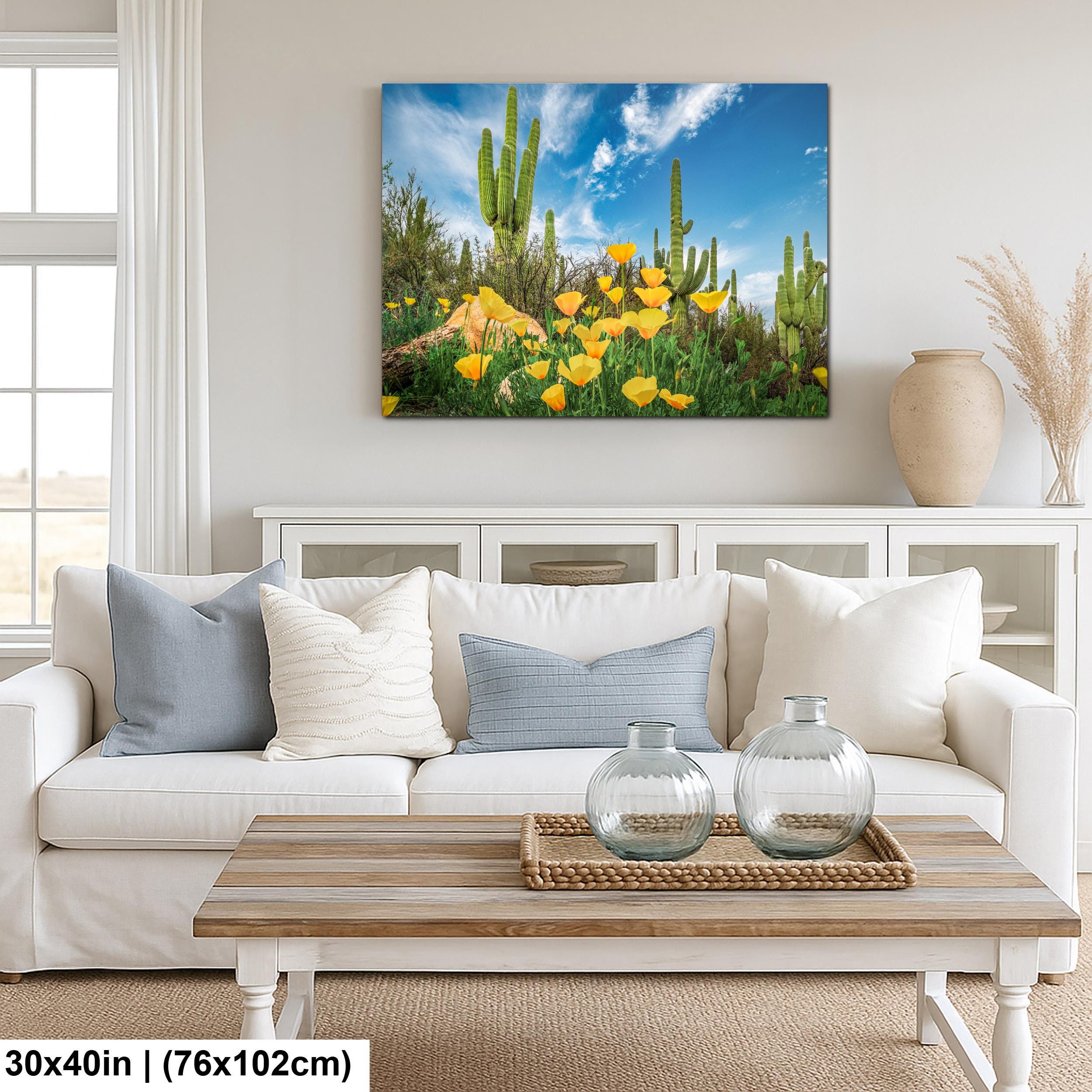 Sonoran Desert Yellow Poppies with Saguaros - Catalina State Park Tucson Arizona Photography Print