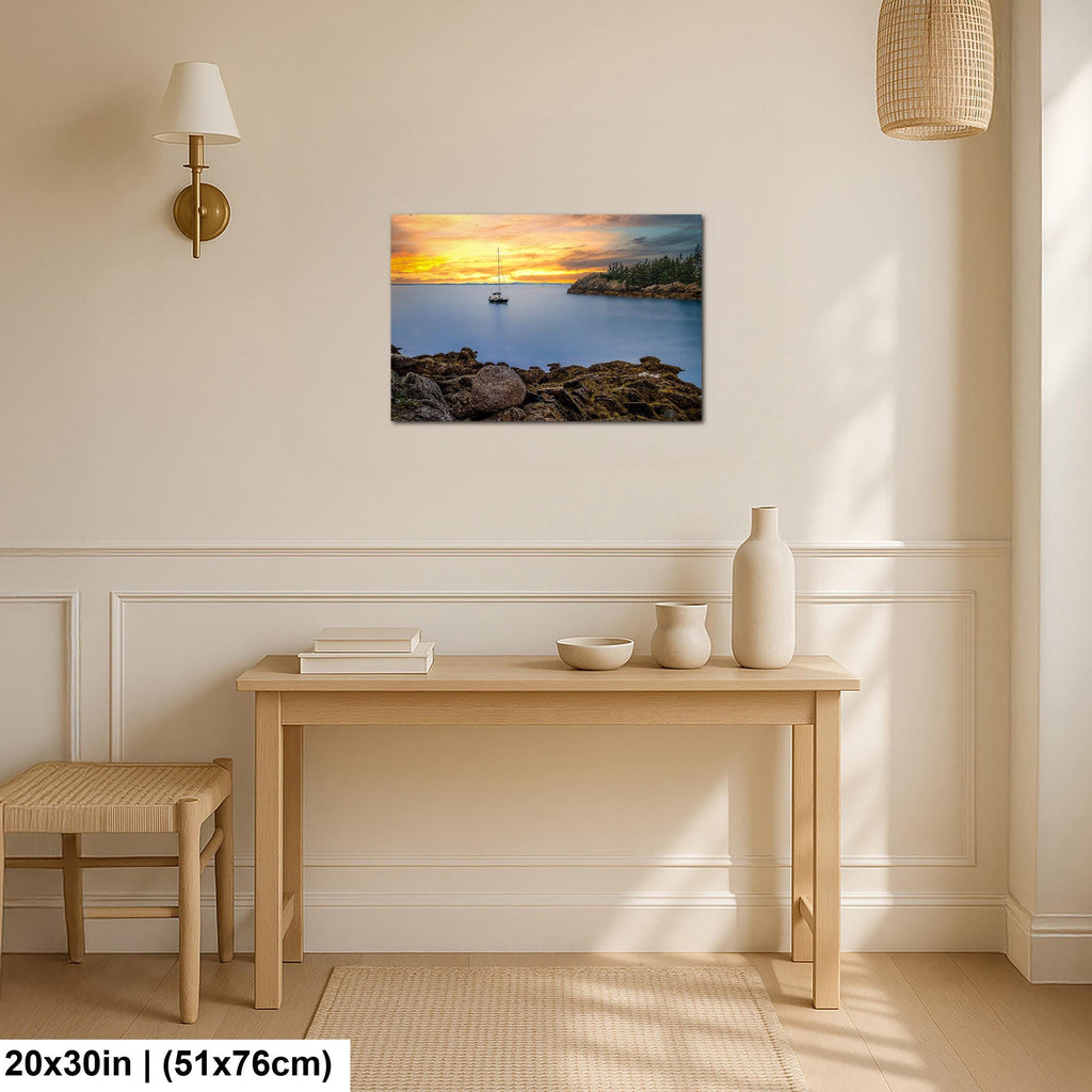 Peaceful Mooring: Sailboat Coastal Maine Harbor Sunset Photography Wall Art