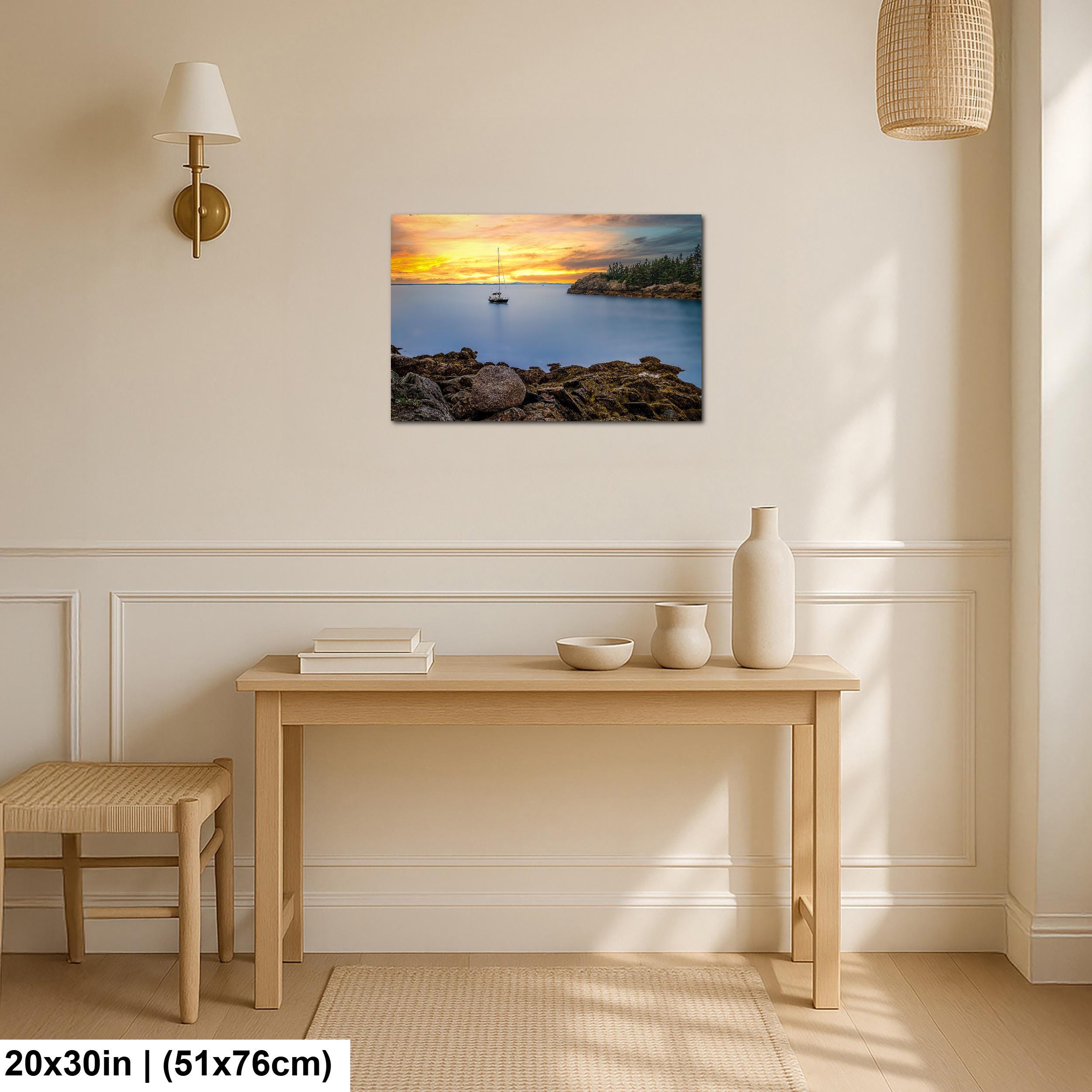 Peaceful Mooring: Sailboat Coastal Maine Harbor Sunset Photography Wall Art