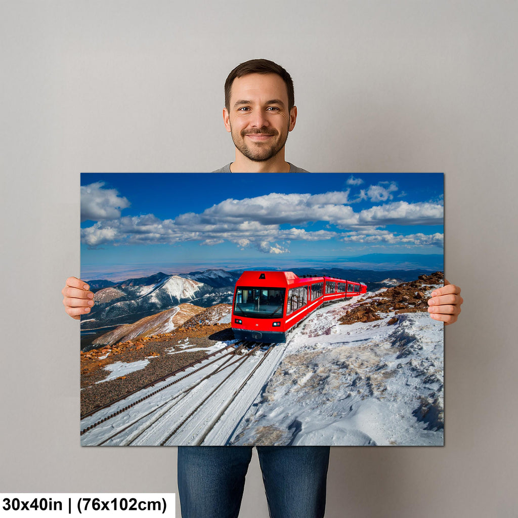 Pikes Peak Cog Railway Photography Print, Colorado Springs Mountain Train, Red Railway Winter Landscape Wall Art Decor