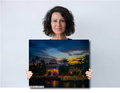 Miami Waterfront Mansion at Golden Hour: Biscayne Bay Florida Print Wall Art Photography Aluminum/Acrylic/Metal/Canvas Scenic Home Decor