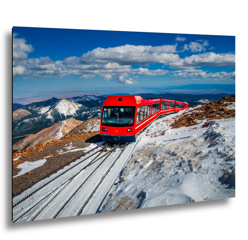 Pikes Peak Cog Railway Photography Print, Colorado Springs Mountain Train, Red Railway Winter Landscape Wall Art Decor