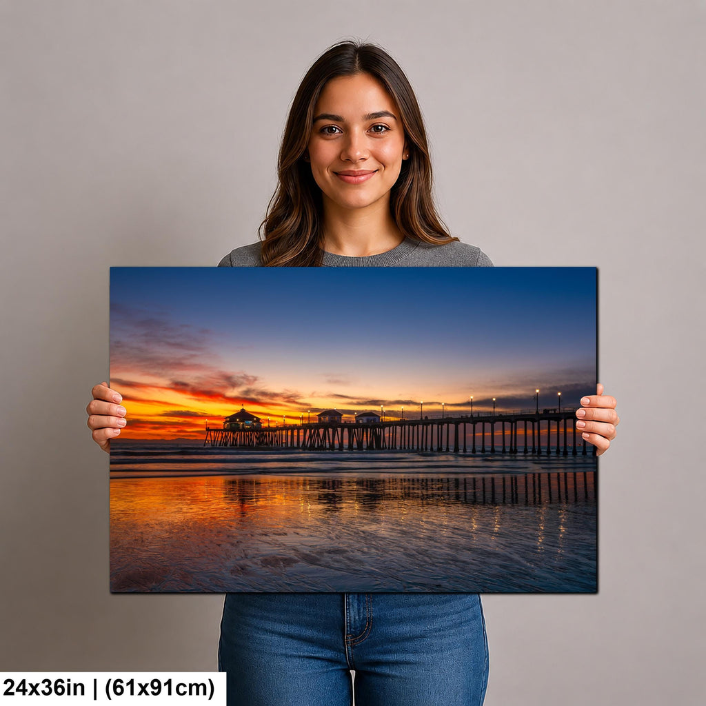 Huntington Beach Pier Sunset, California Coast Ocean Photography Print, Coastal Wall Art, Orange Sky Reflection, Beach Home Decor