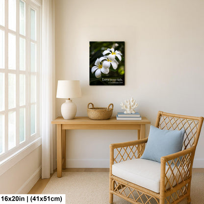 1 Corinthians 13:8 Love Never Fails Bible Quote White Plumeria Flowers Inspirational Photography Print