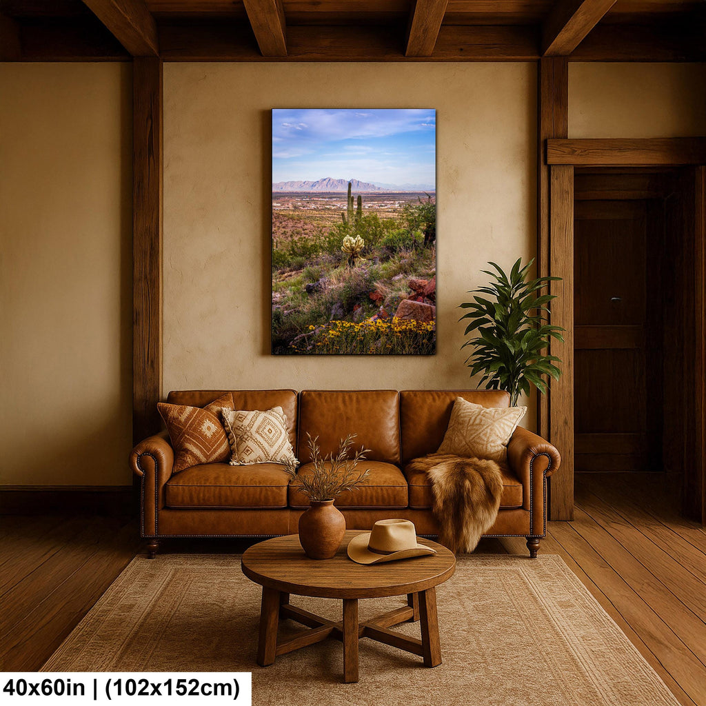 Mountain View Hike with Saguaros and Wildflowers, Casa Grande Arizona Desert Wall Art