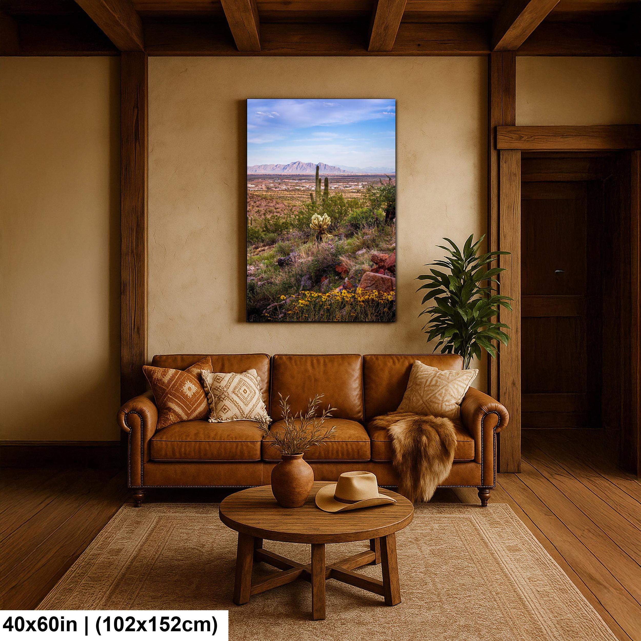 Mountain View Hike with Saguaros and Wildflowers, Casa Grande Arizona Desert Wall Art