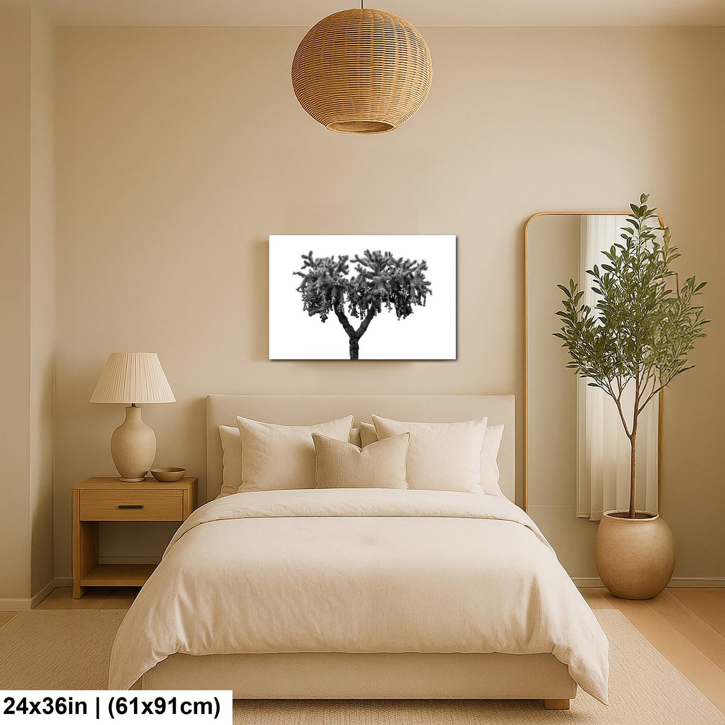 Modern bedroom with beige walls, a bed, nightstand, lamp, and decorative plant.