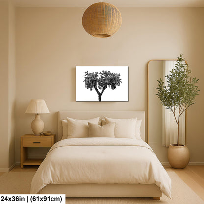 Modern bedroom with beige walls, a bed, nightstand, lamp, and decorative plant.