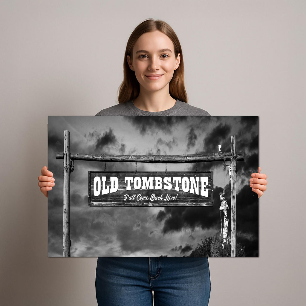 Old Tombstone Sign Photography Print Wall Art Black and White, Wild West Entrance Landmark Arizona