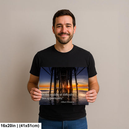 Albert Einstein Difficulty Opportunity Pier Sunset Motivational Photography Print