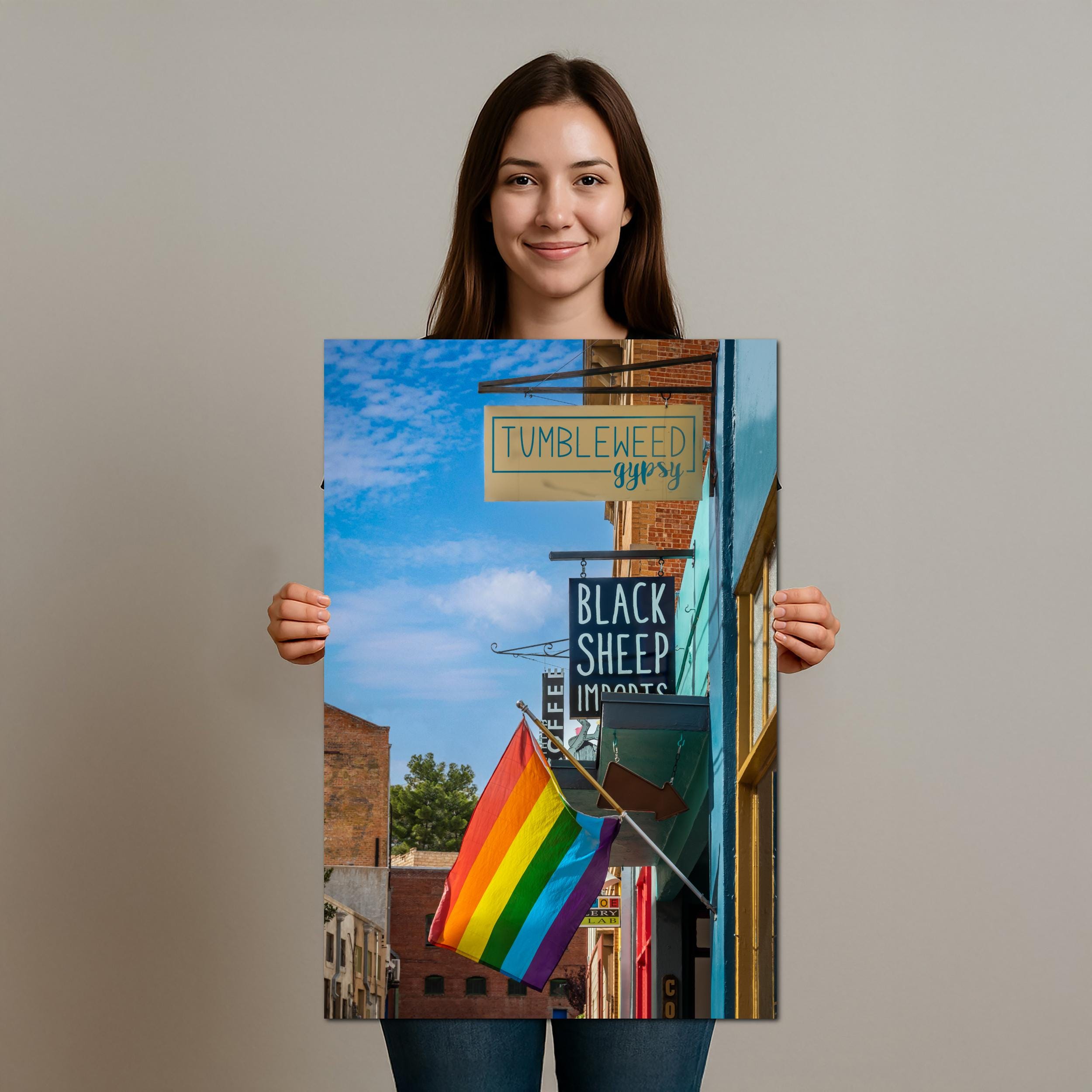 Bisbee Street Scene with Pride Flag Colorful Arizona Downtown Photography Wall Art
