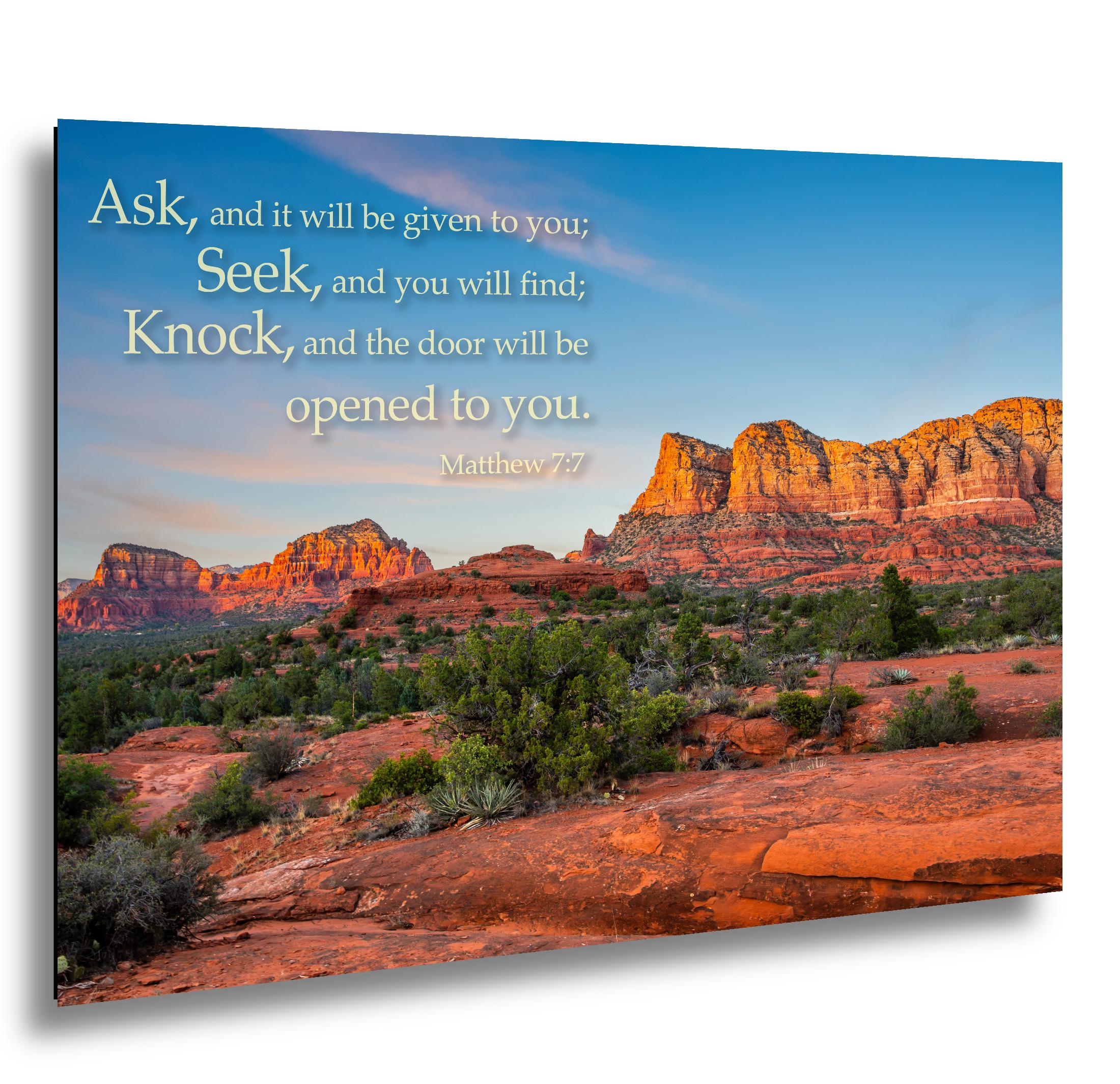 Matthew 7:7 Inspirational Bible Verse Wall Art for Faith and Perseverance, Sedona Red Rock Landscape Photography Wall Art