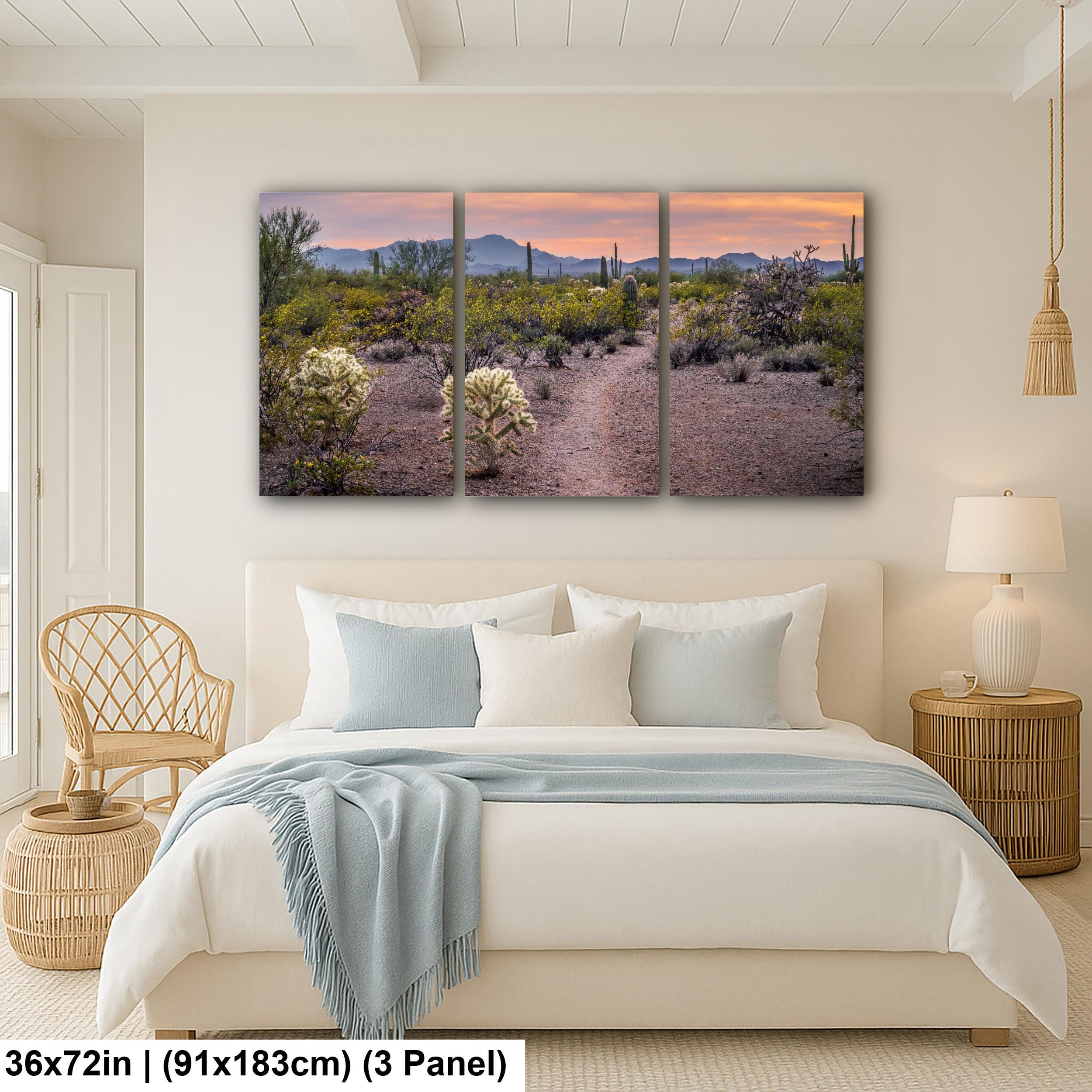 Spring Wildflowers and Saguaros at Sunset, Tucson Arizona Sonoran Desert Photography Print