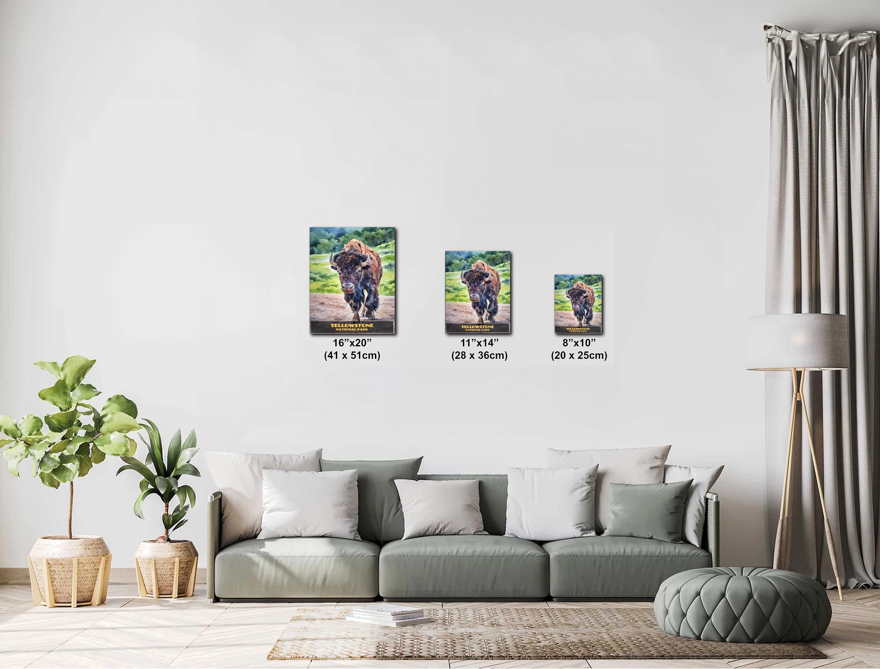 Yellowstone Bison Watercolor Style: Wyoming Wildlife Photography Wall Art