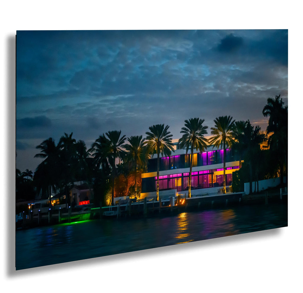 Miami Illuminated Glass House on the Bay at Night: Florida Print Wall Art Sunset Waterfront Photography  Aluminum/Acrylic/Metal/Canvas