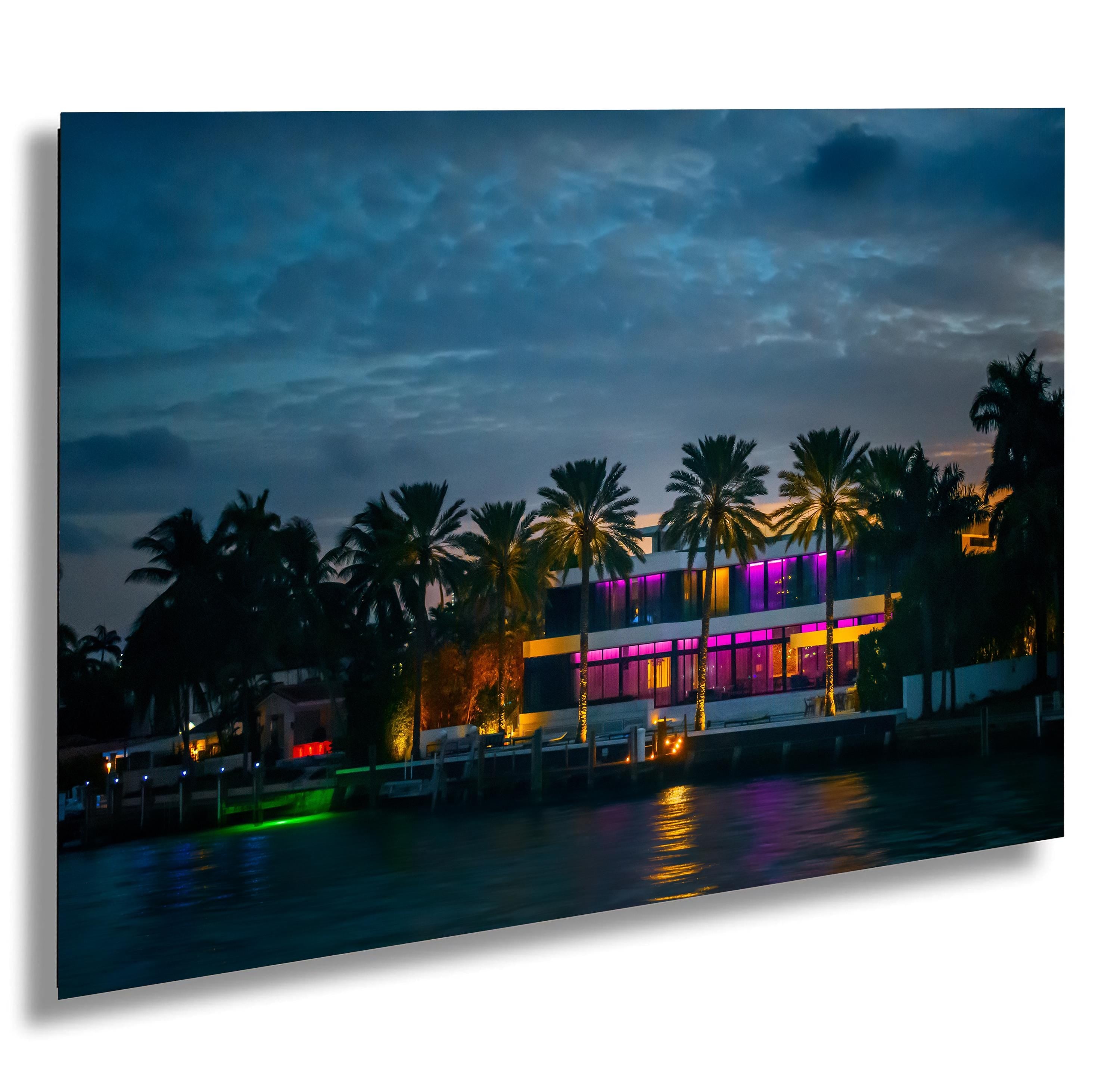 Miami Illuminated Glass House on the Bay at Night: Florida Print Wall Art Sunset Waterfront Photography  Aluminum/Acrylic/Metal/Canvas