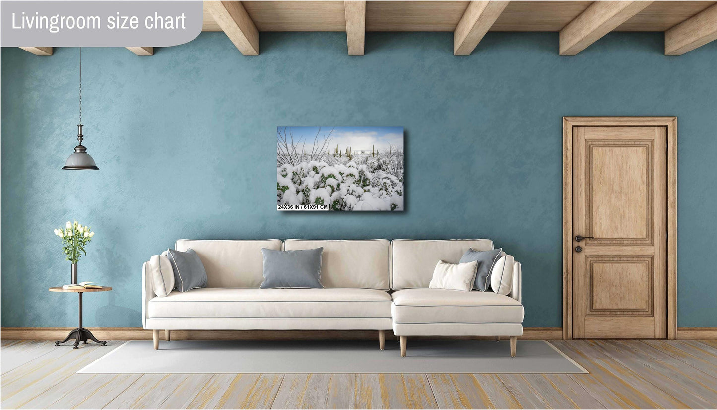 Saguaro Cactus Wall Art – Snowy Desert Print | Tucson Arizona Winter Decor