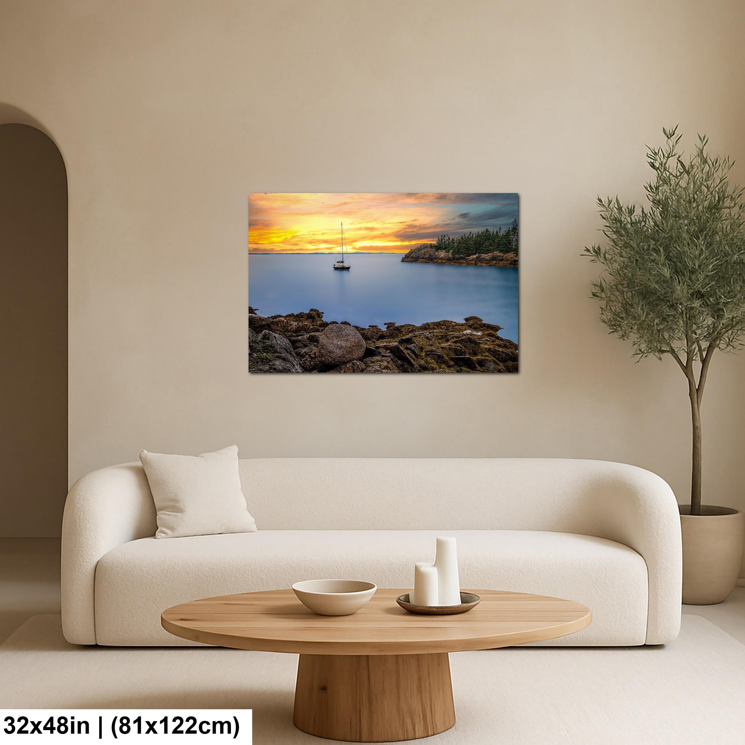 Peaceful Mooring: Sailboat Coastal Maine Harbor Sunset Photography Wall Art