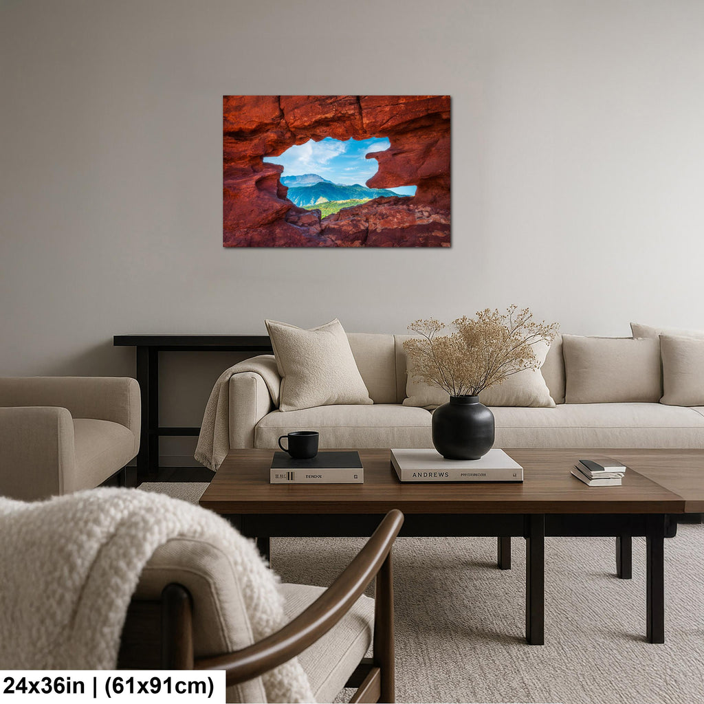 Garden of the Gods Window Colorado Springs Colorado Photography Print, Red Rock Arch, Pikes Peak Mountain Landscape Wall Art
