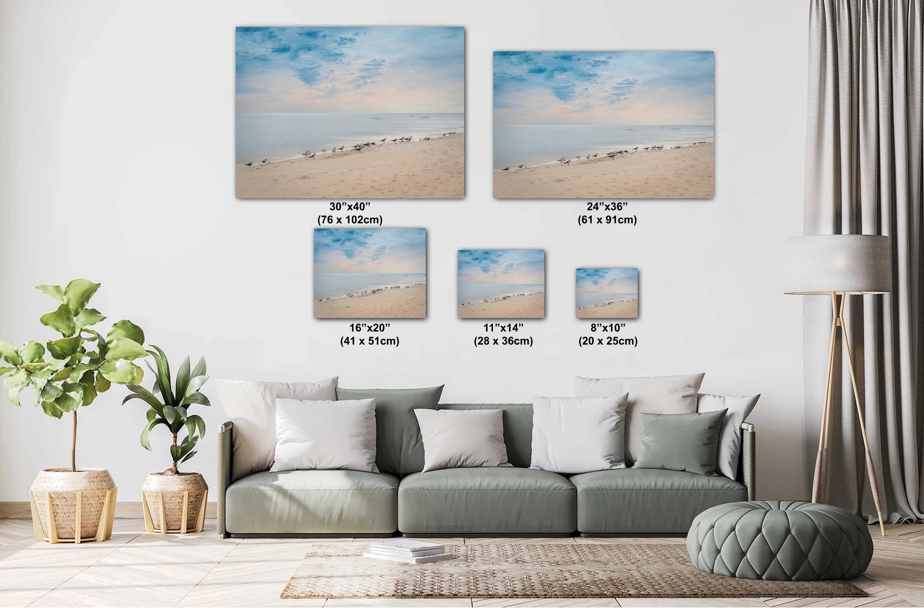 A wall art print featuring a beach scene with birds on Perdido Key, Florida, with a clear blue sky and calm ocean waters.