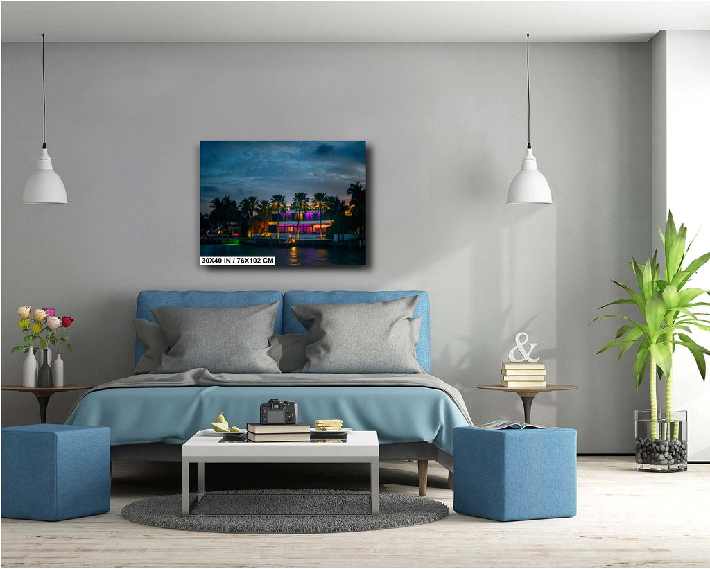 Miami Illuminated Glass House on the Bay at Night: Florida Print Wall Art Sunset Waterfront Photography  Aluminum/Acrylic/Metal/Canvas