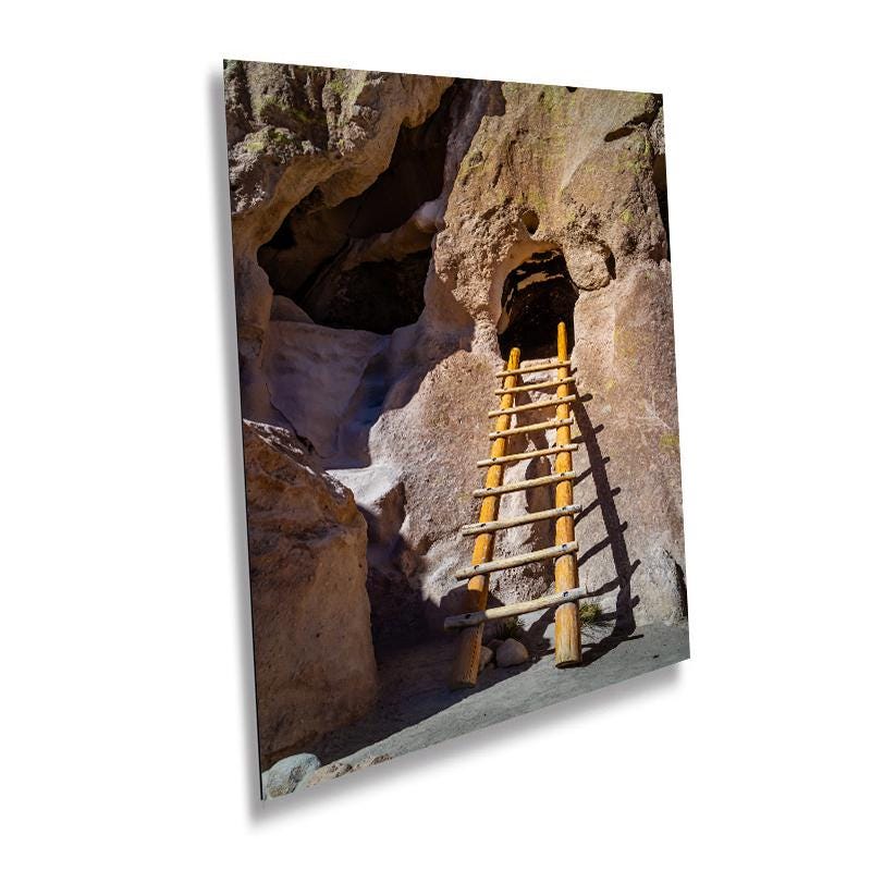 Steps to Ancient Homes: Wooden Ladders in Bandelier National Monument Los Alamos New Mexico Print Wall Art Aluminum/Acrylic/Metal/Canvas