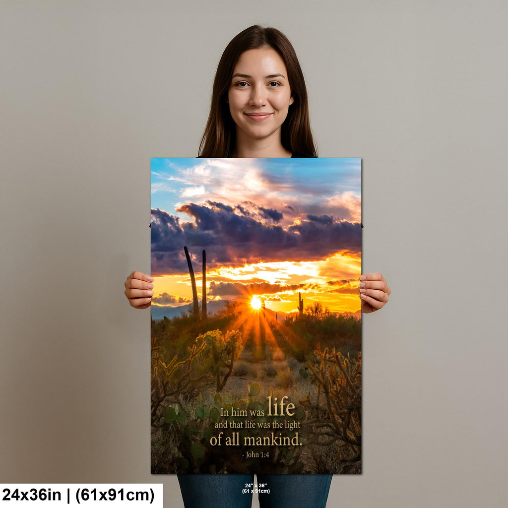 Christian Wall Art - John 1:4 Scripture Print | Arizona Desert Sunset Decor