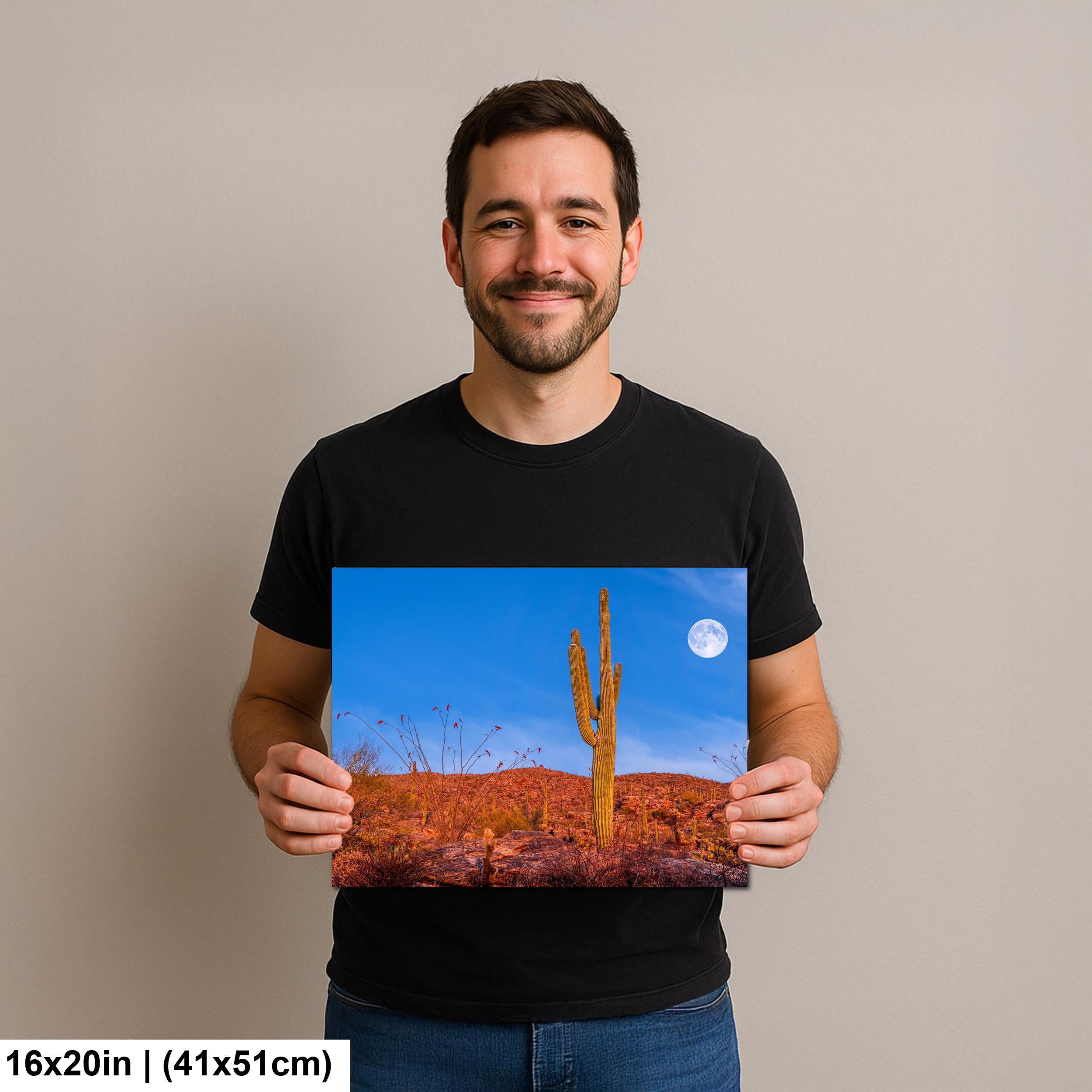Sonoran Desert Full Moon with Saguaro Cactus Tucson Arizona Photography Print