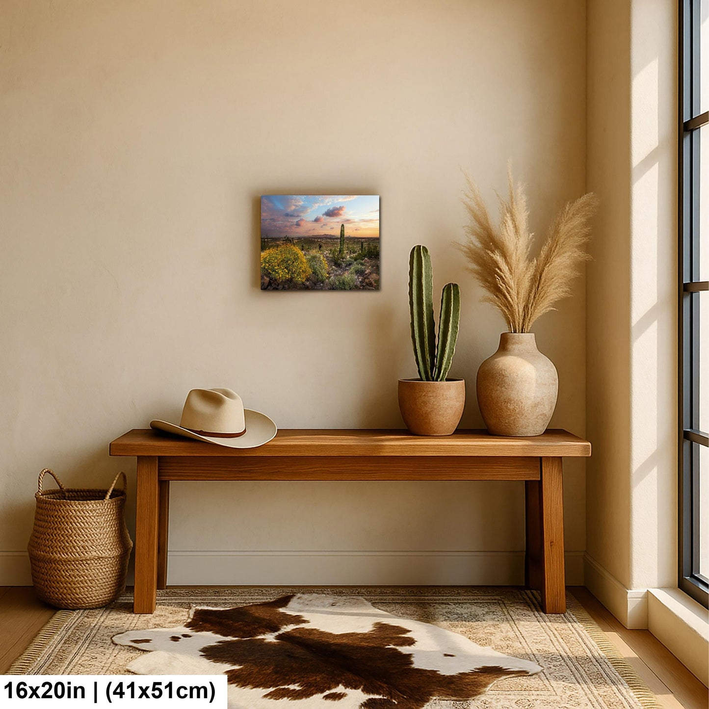 Arizona Sunset Overlook with Saguaros and Wildflowers - Casa Grande Sonoran Desert Photography Print