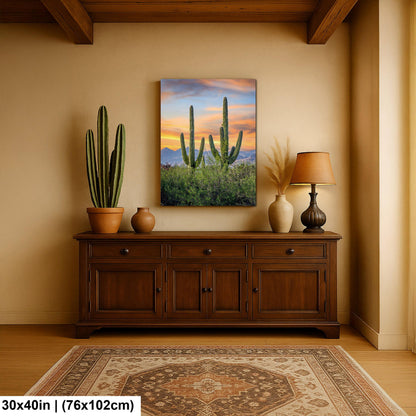 Desert Sunset with Giant Saguaros Photography Print, Tucson Arizona Wall Art, Southwest Landscape Decor