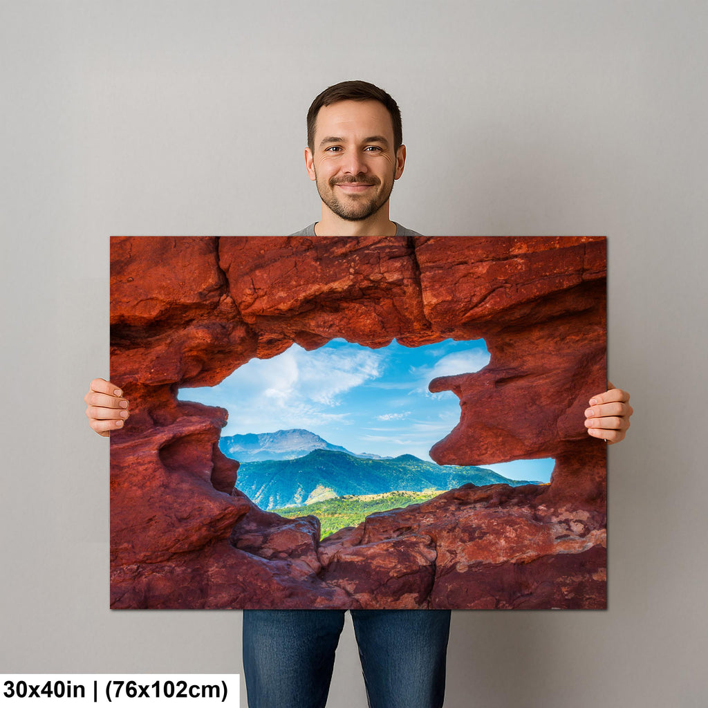 Garden of the Gods Window Colorado Springs Colorado Photography Print, Red Rock Arch, Pikes Peak Mountain Landscape Wall Art