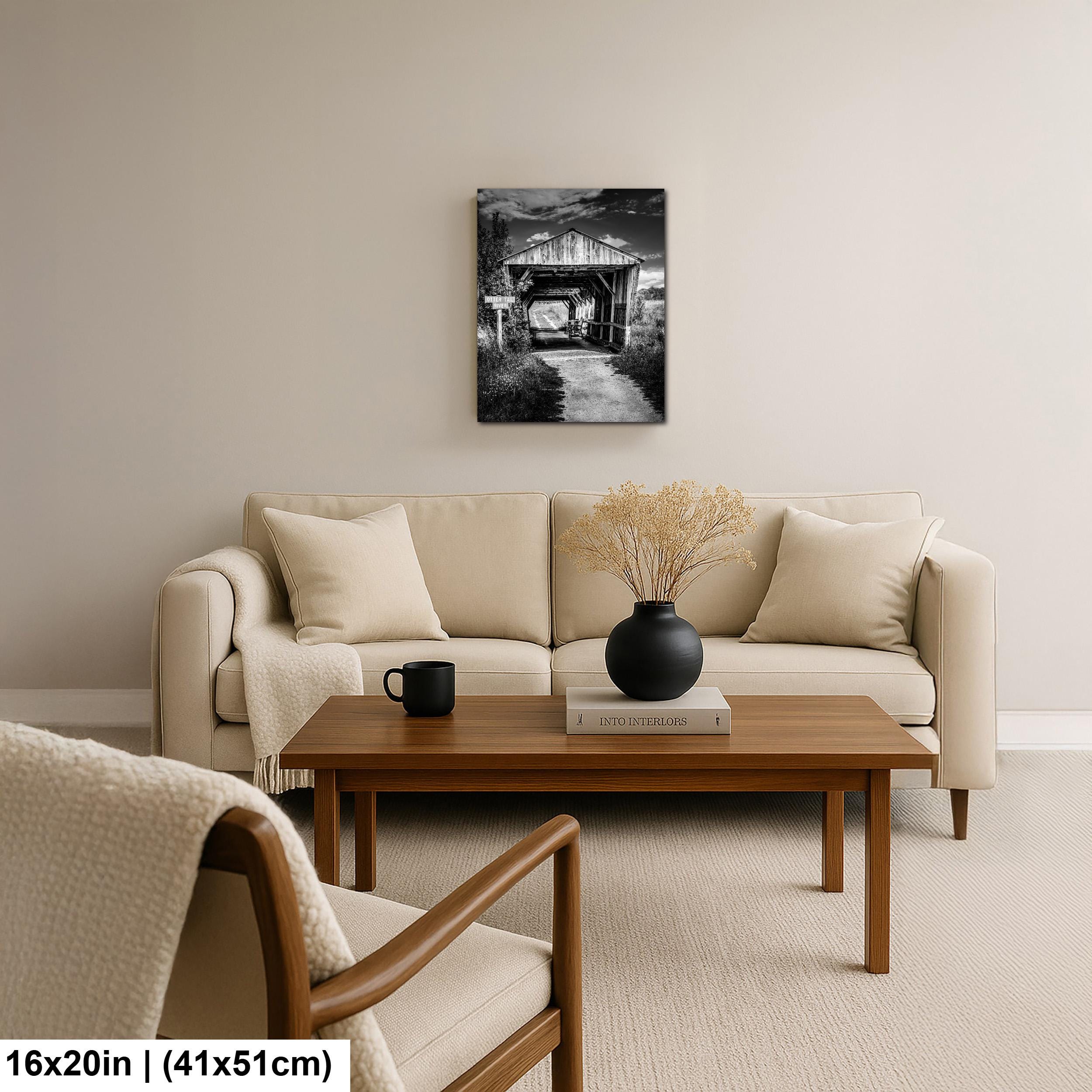 Otter Tail River Covered Bridge in Black and White, Detroit Lakes Minnesota Photography Print