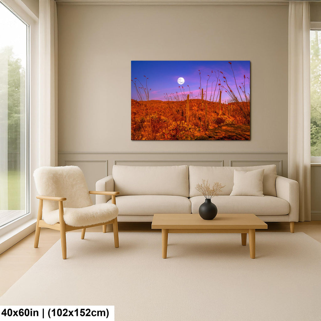 Sonoran Desert Full Moon Print – Saguaros, Ocotillo, Twilight Sky Photography Wall Art