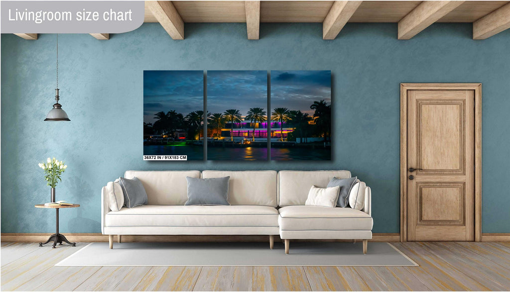 Miami Illuminated Glass House on the Bay at Night: Florida Print Wall Art Sunset Waterfront Photography  Aluminum/Acrylic/Metal/Canvas