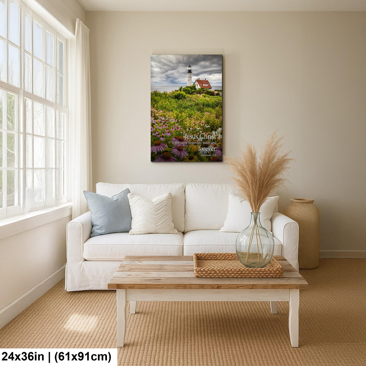 Lighthouse Wall Art – Portland Head Light Christian Wall Decor With Hebrews 13 8 Print
