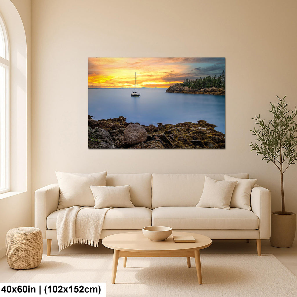 Peaceful Mooring: Sailboat Coastal Maine Harbor Sunset Photography Wall Art