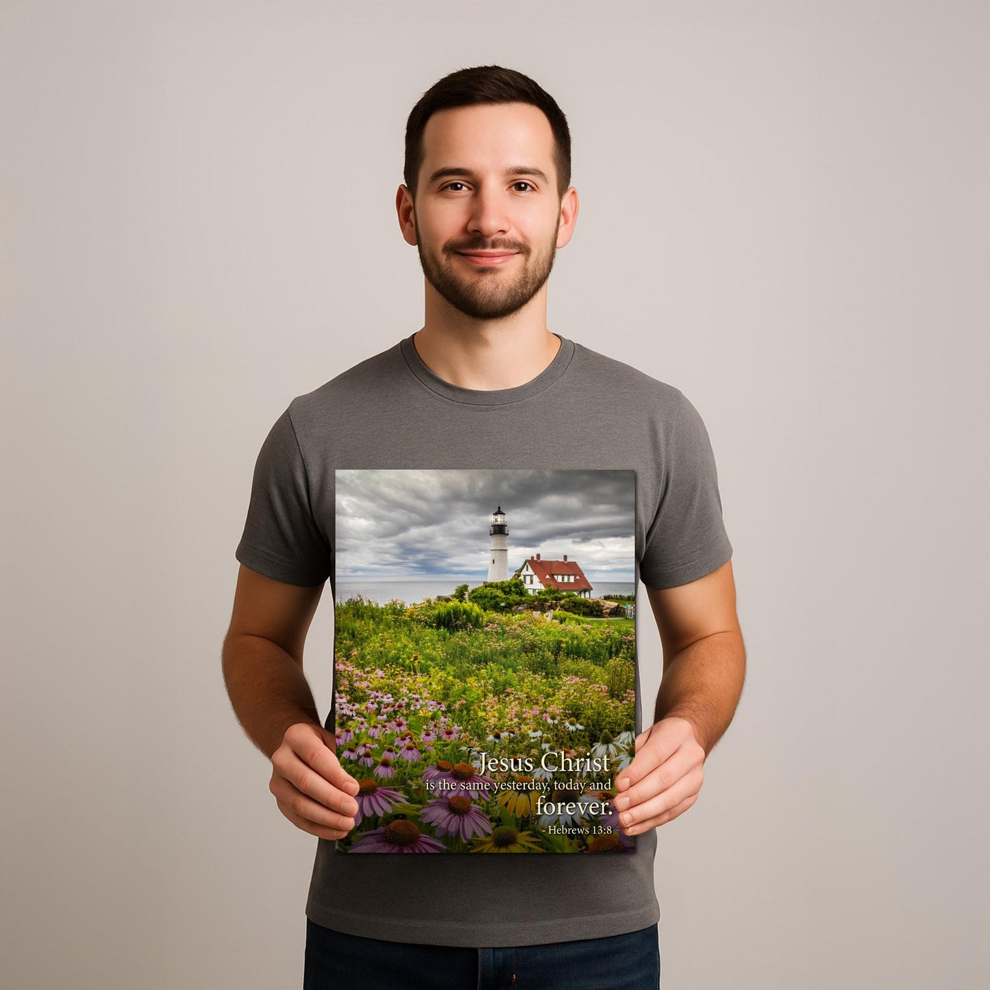 Lighthouse Wall Art – Portland Head Light Christian Wall Decor With Hebrews 13 8 Print