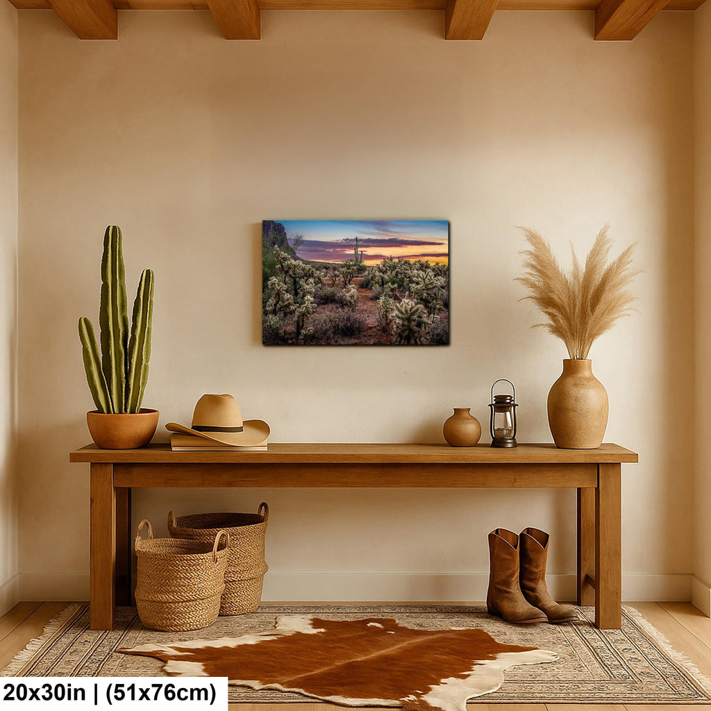 Desert Sunset Photograph, Cholla Cactus and Saguaros, Arizona Landscape Wall Art