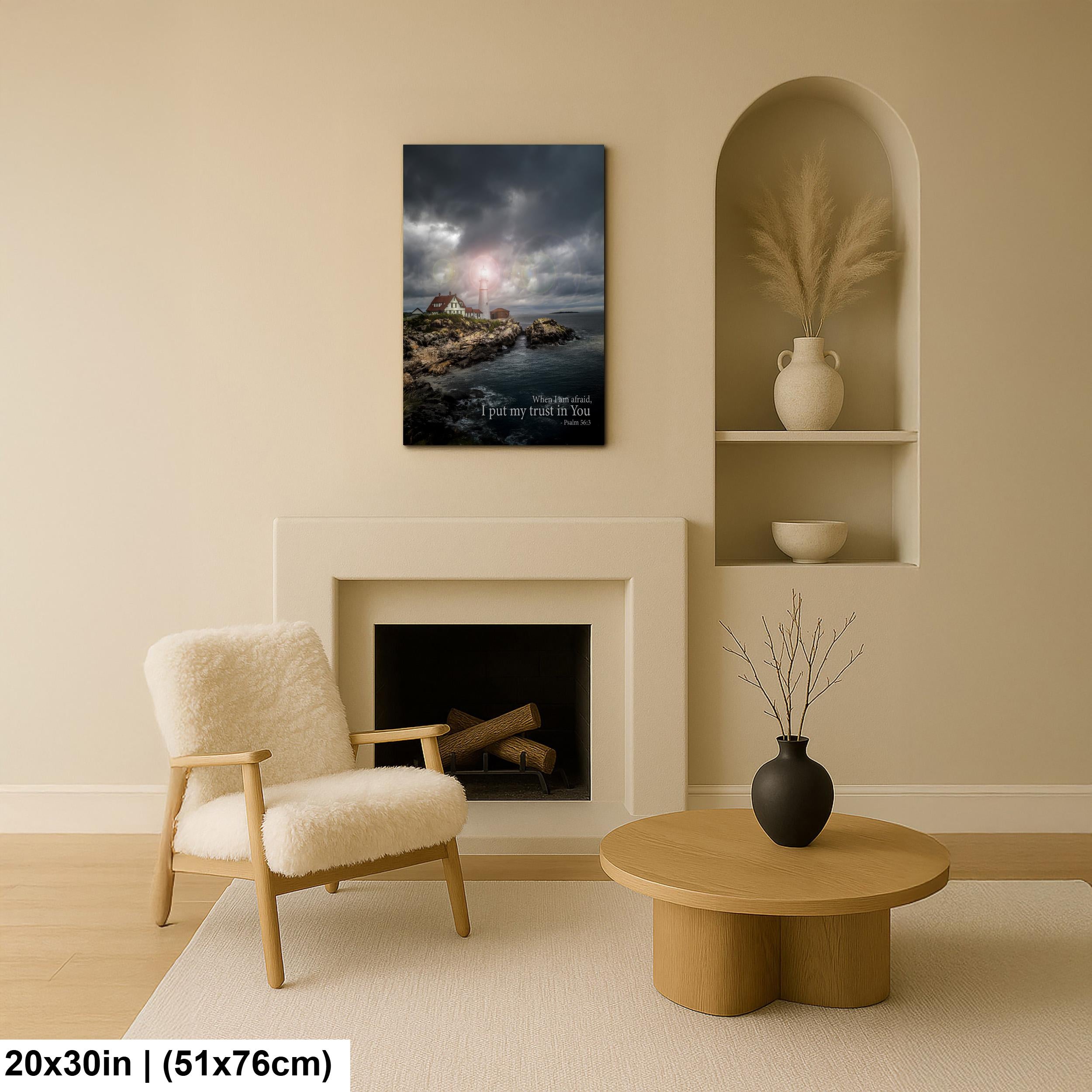 Psalm 56:3 Lighthouse Wall Art – Inspirational Coastal Print with Cape Elizabeth Lighthouse