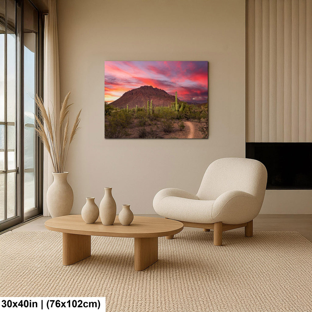 Fiery Desert Sunset with Saguaros, Tucson Arizona Photography Print, Southwest Wall Art, Dramatic Sky Decor