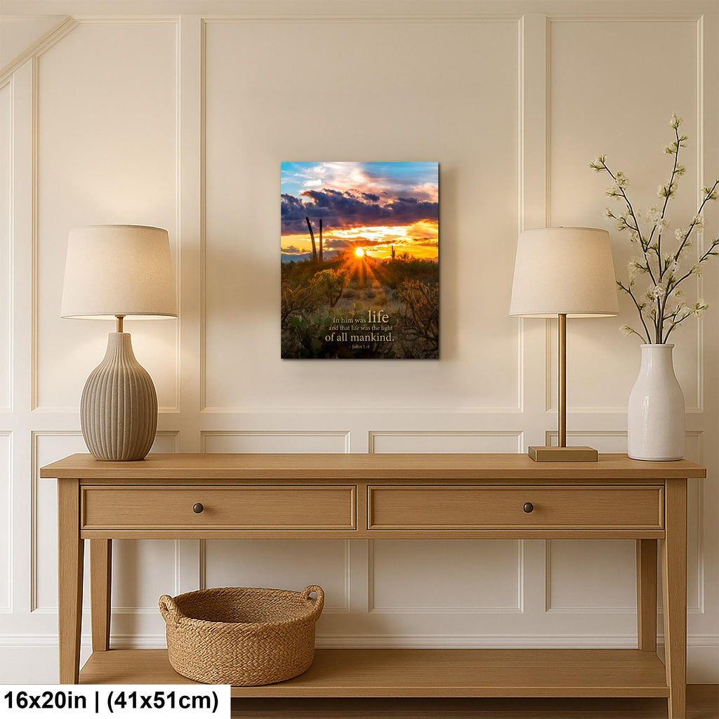 Christian Wall Art - John 1:4 Scripture Print | Arizona Desert Sunset Decor